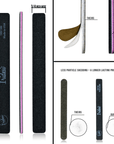 an infographic of the black Iridesi nail files showing the size of 7 inches long and 3/4 of an inch wide, strong adhesive and low particle shedding.