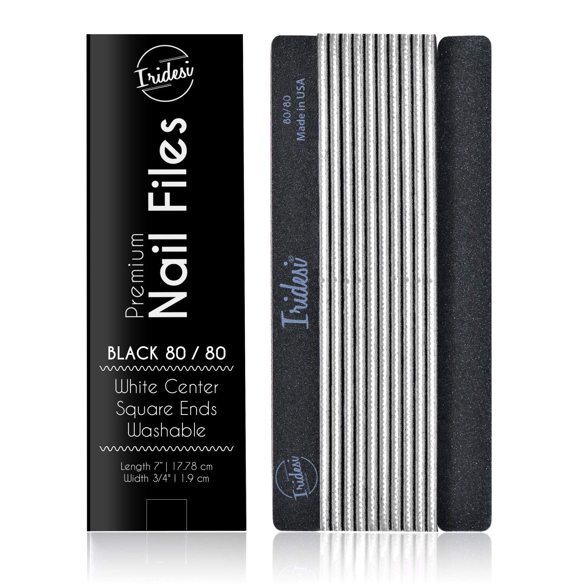 black Iridesi nail files, square end, color coded with box "Premium nail files, black 80/80, white center on front of the box. 12 nail files stacked in a line, front side showing Iridesi brand markings, last back side showing no printing.