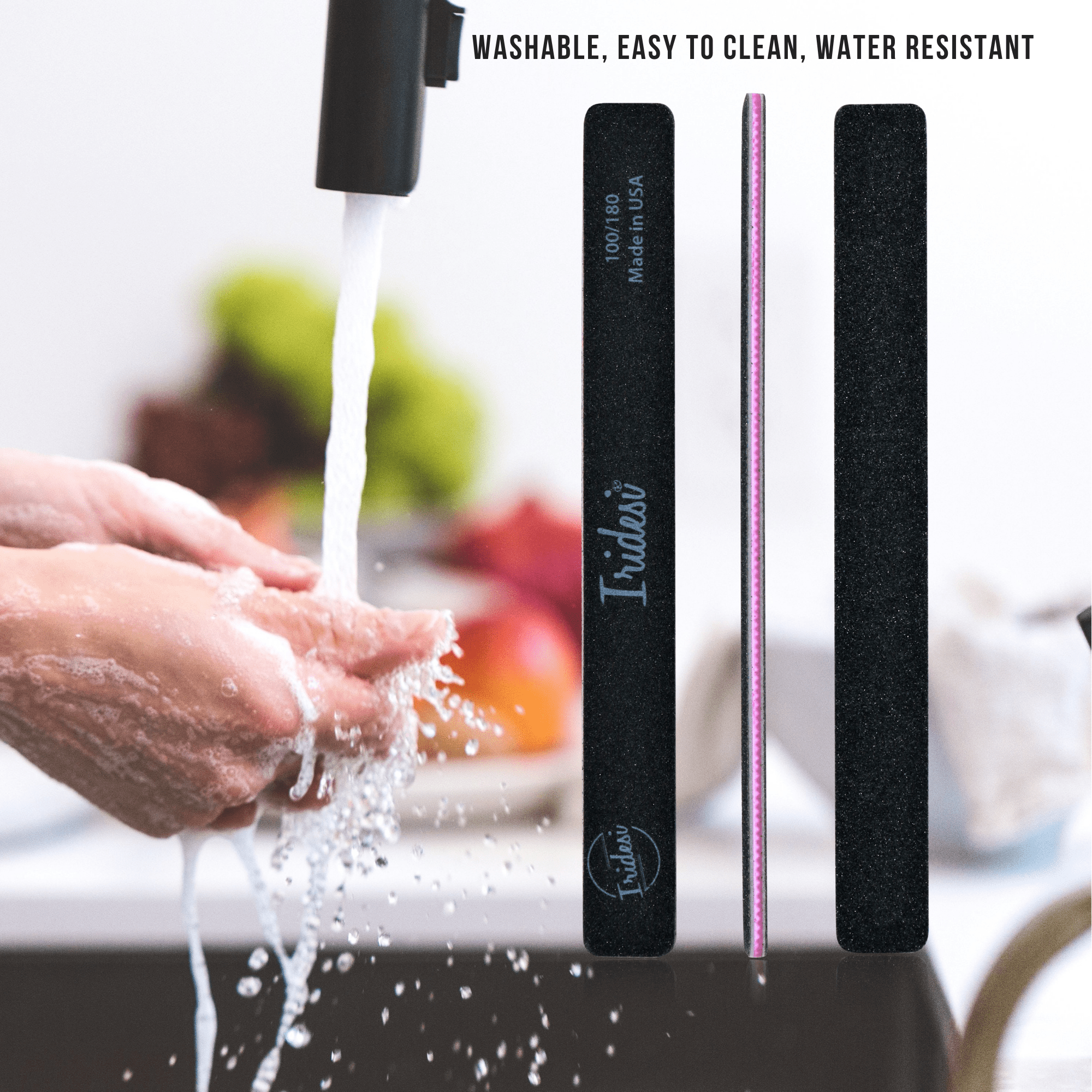 a women washes her hands at the kitchen sink with Iridesi square end blank color coded nail files overlaying the image. The text "Washable, easy to clean, water resistant" on the top.