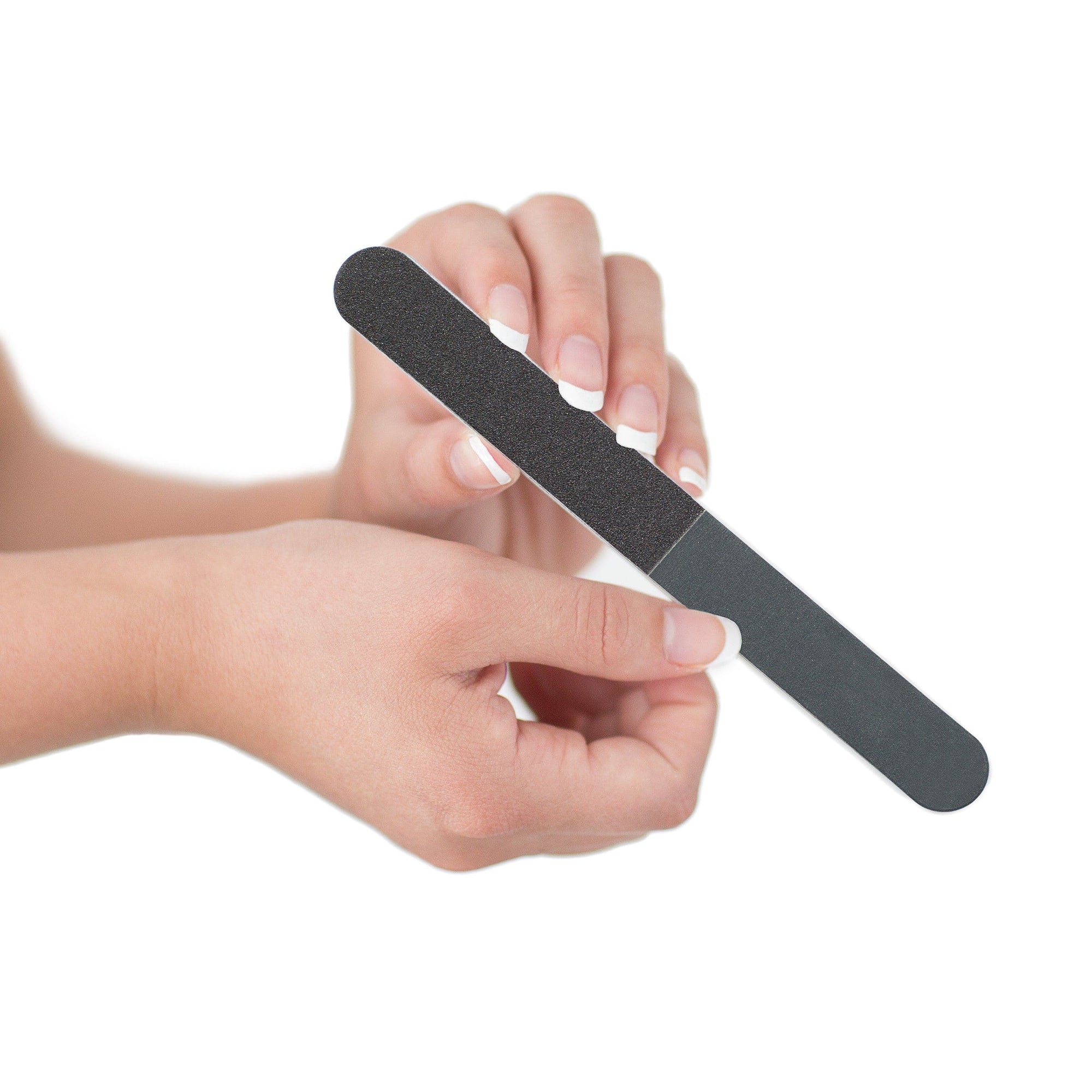 women's hand holding a black 4 way nail file, white center, round edges, white background.