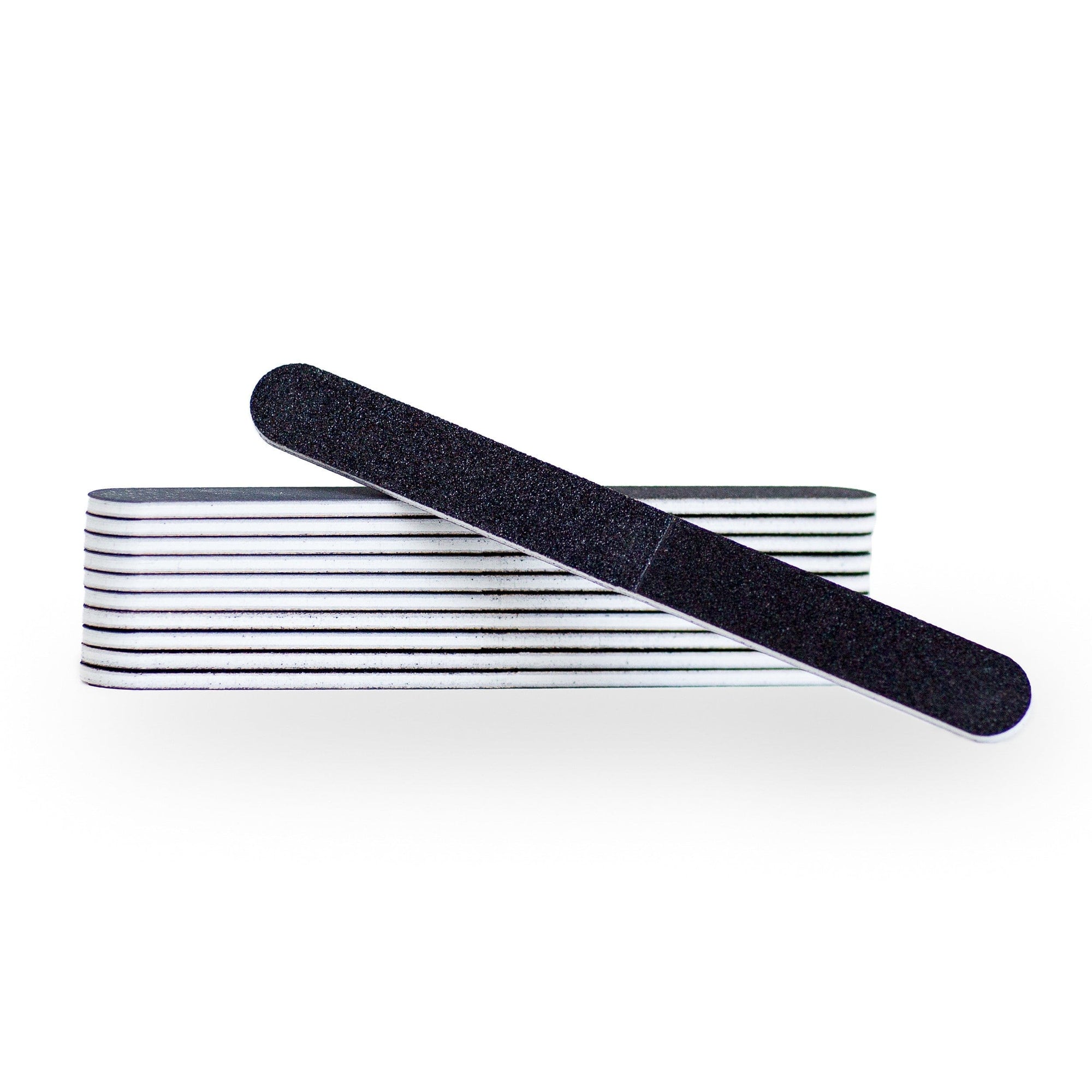 Iridesi black 4 way nail files 12 pack horizontal. no logo printing on front or back. White plastic center, white background.