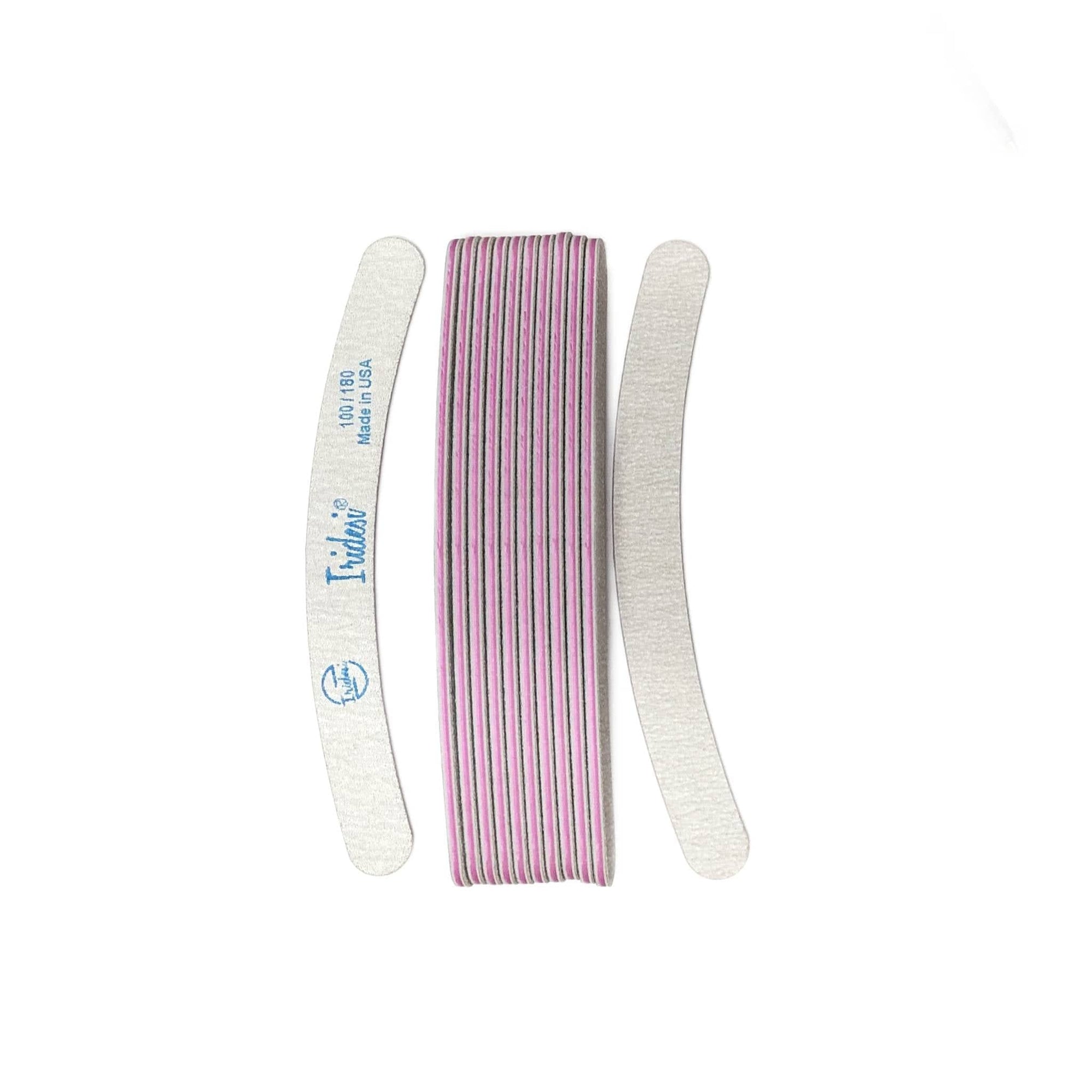12 pack of grey banana nail files, vertical, front has Iridesi brand markings. Magenta center