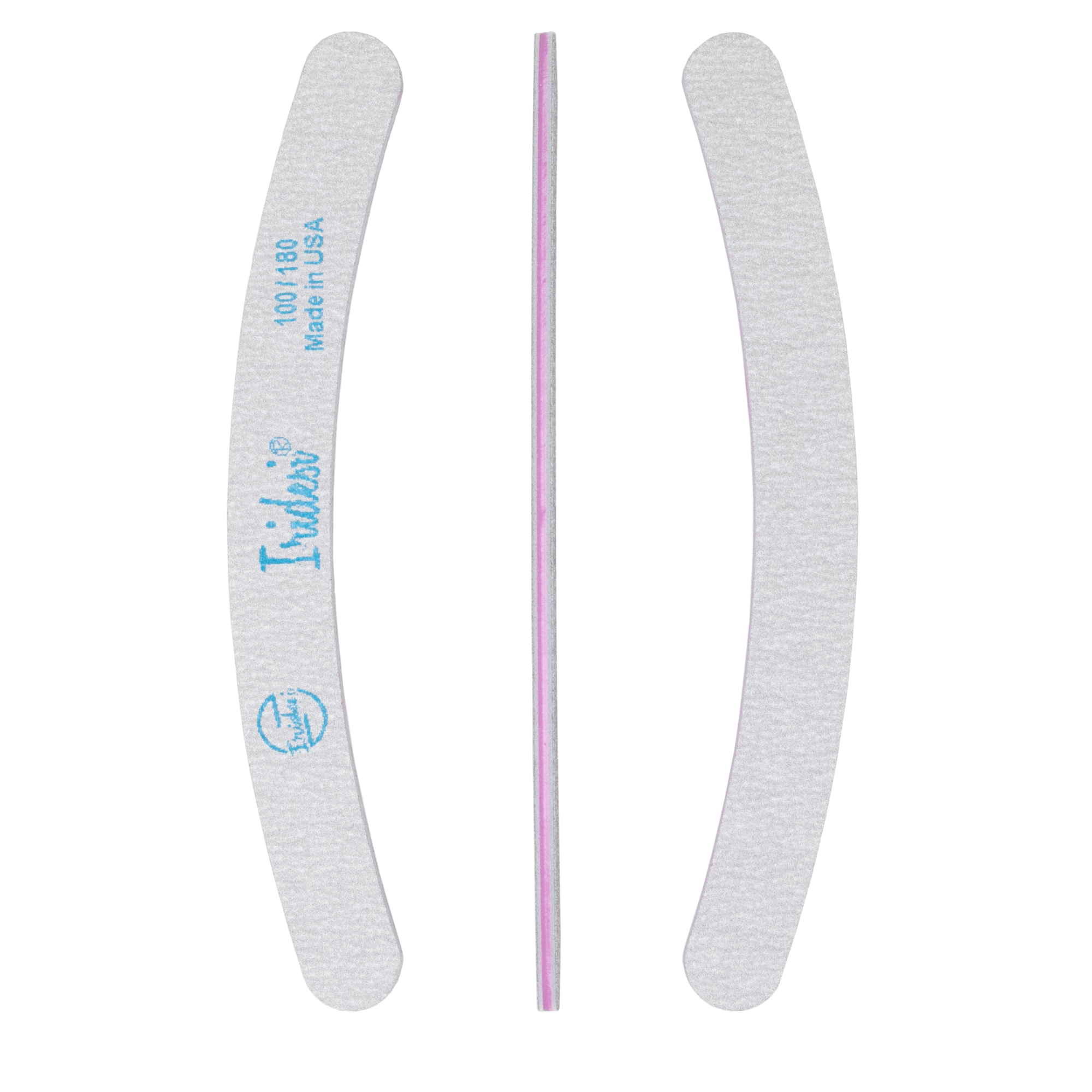 three zebra nail files showing the front, side, and back on a white background. Plastic center is white. Iridesi logo, name, and grit.