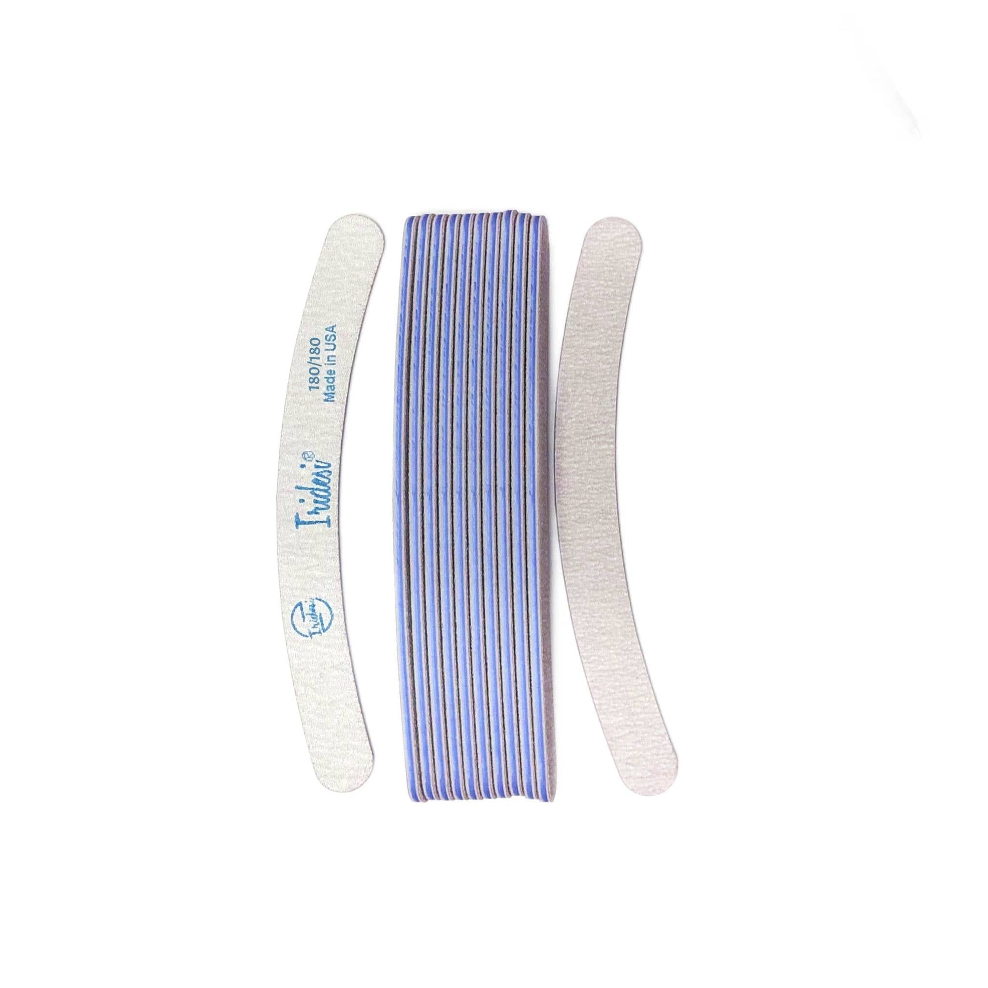 12 pack of grey banana nail files, vertical, front has Iridesi brand markings. Blue center