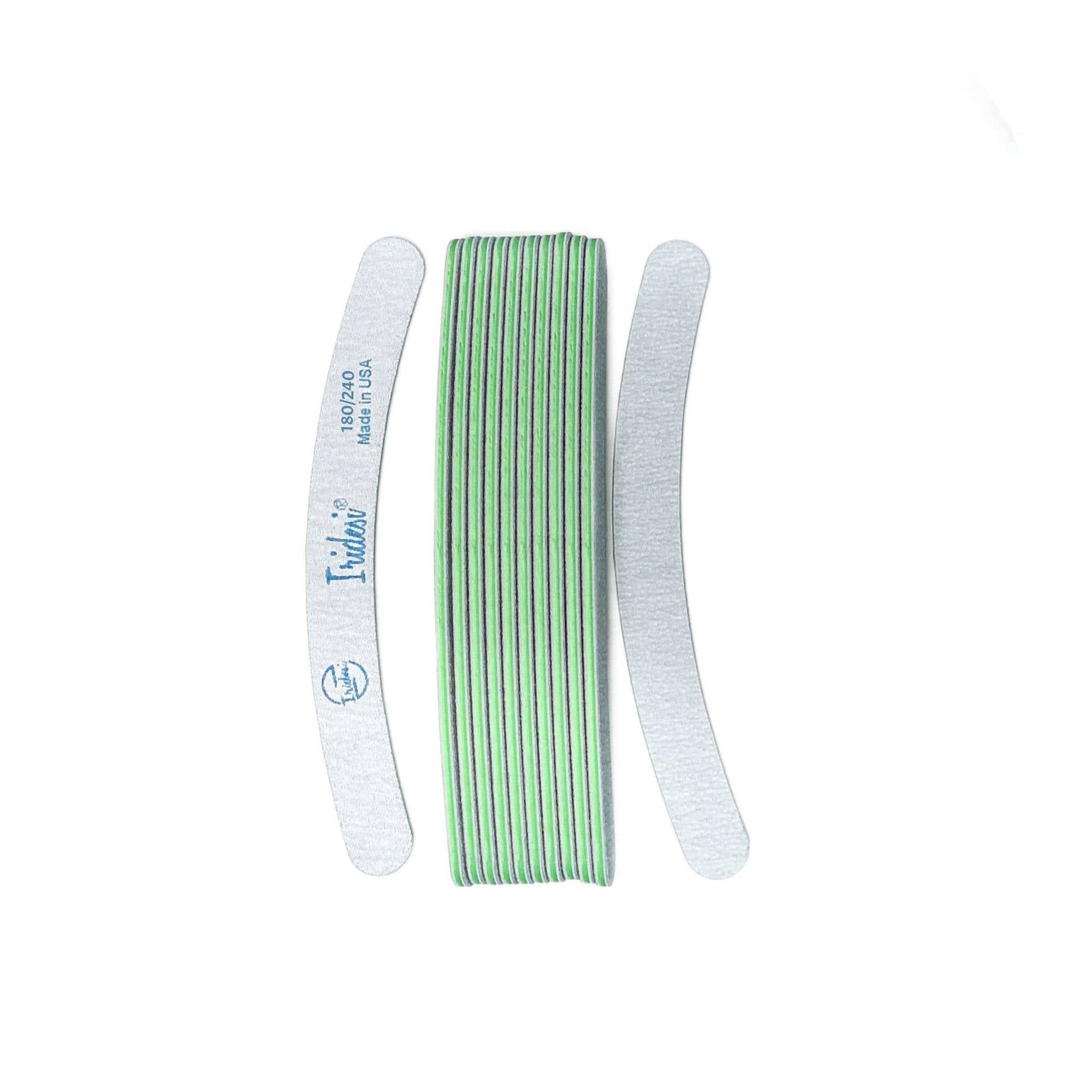 12 pack of grey banana nail files, vertical, front has Iridesi brand markings. Green center.