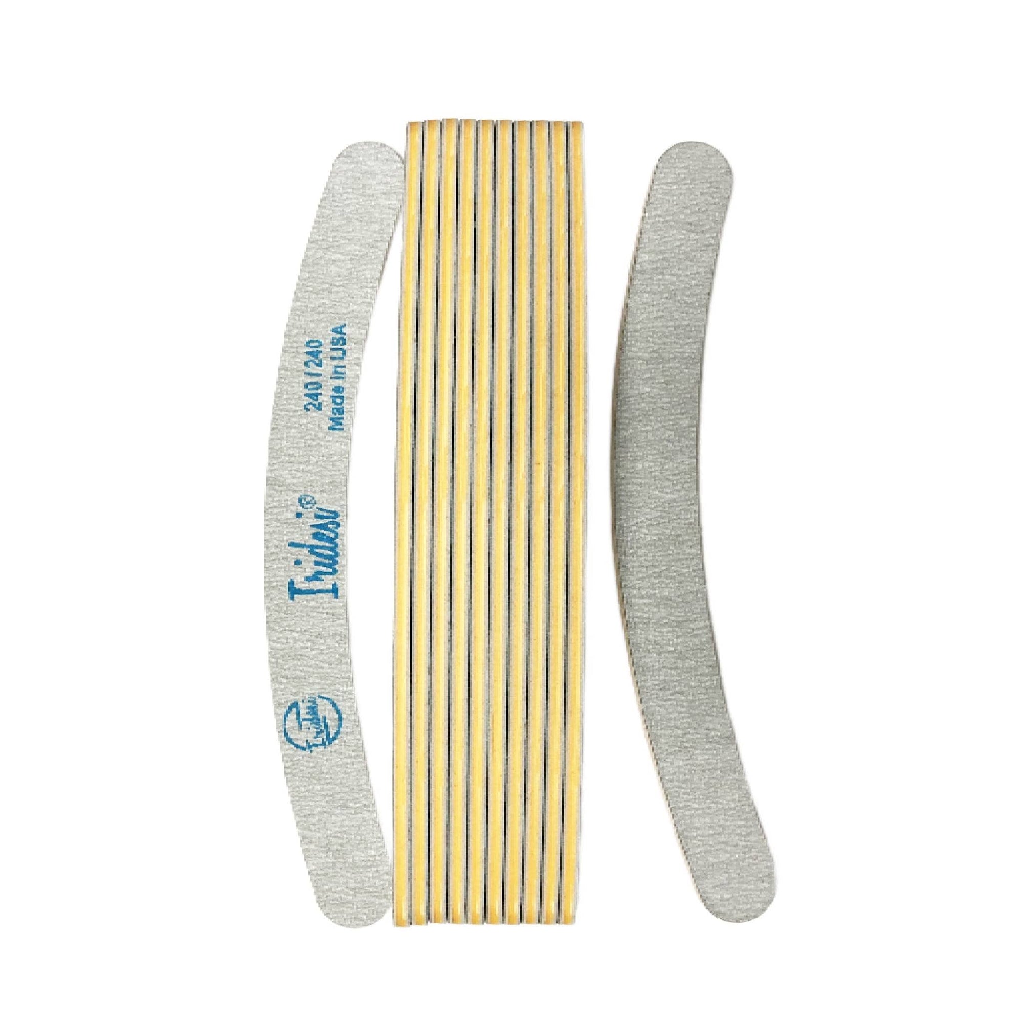 12 pack of grey banana nail files, vertical, front has Iridesi brand markings. Peach center.