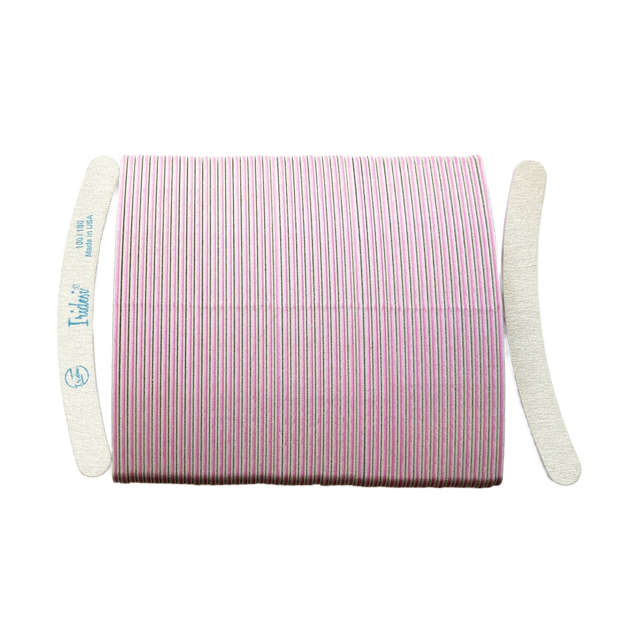 zebra Iridesi nail files, 50 pack, vertical, stacked side by side except first and last. First showing Iridesi brand markings, last back showing no markings. White background, magenta center 100/180 grit