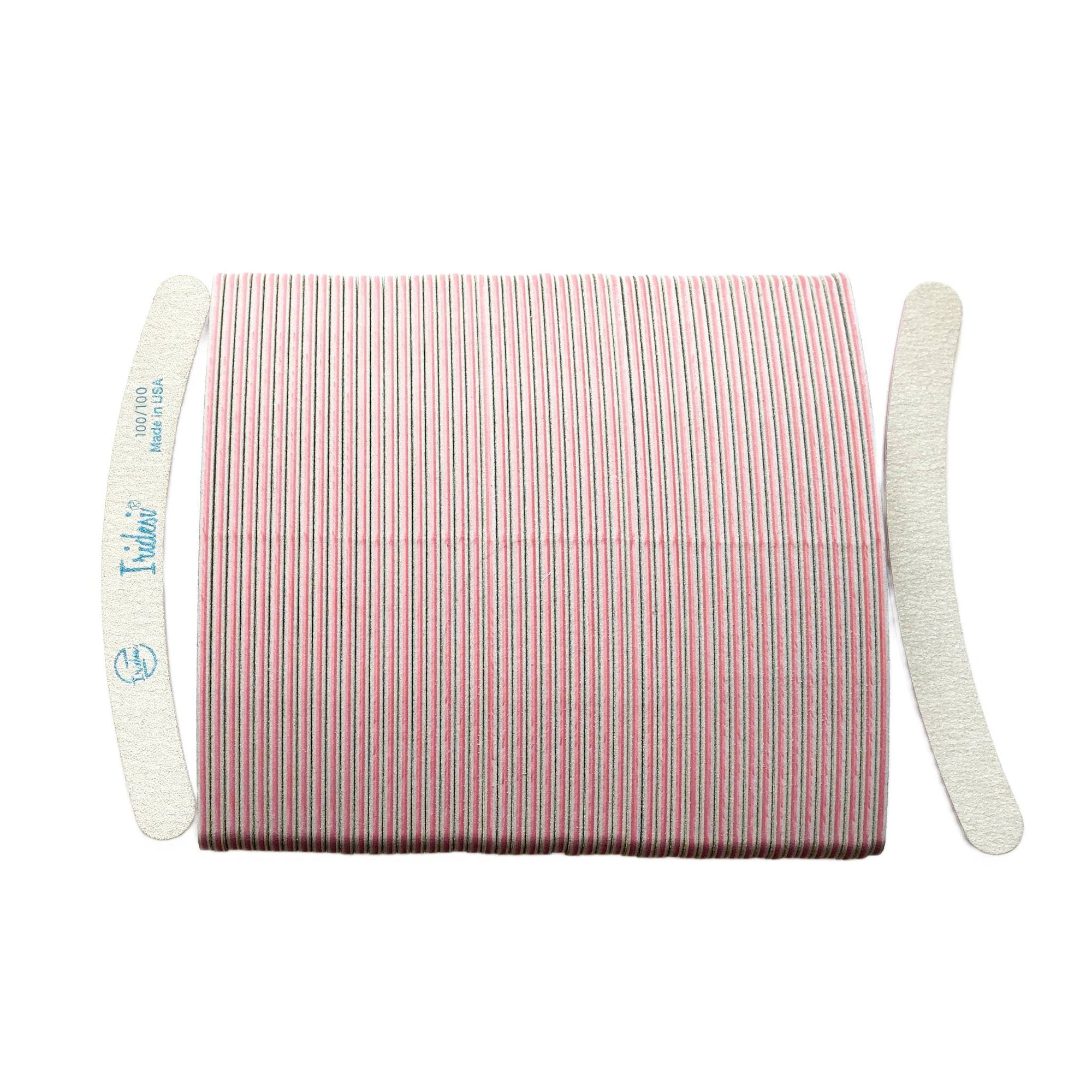 zebra Iridesi nail files, 50 pack, vertical, stacked side by side except first and last. First showing Iridesi brand markings, last back showing no markings. White background, red center 100/100 grit