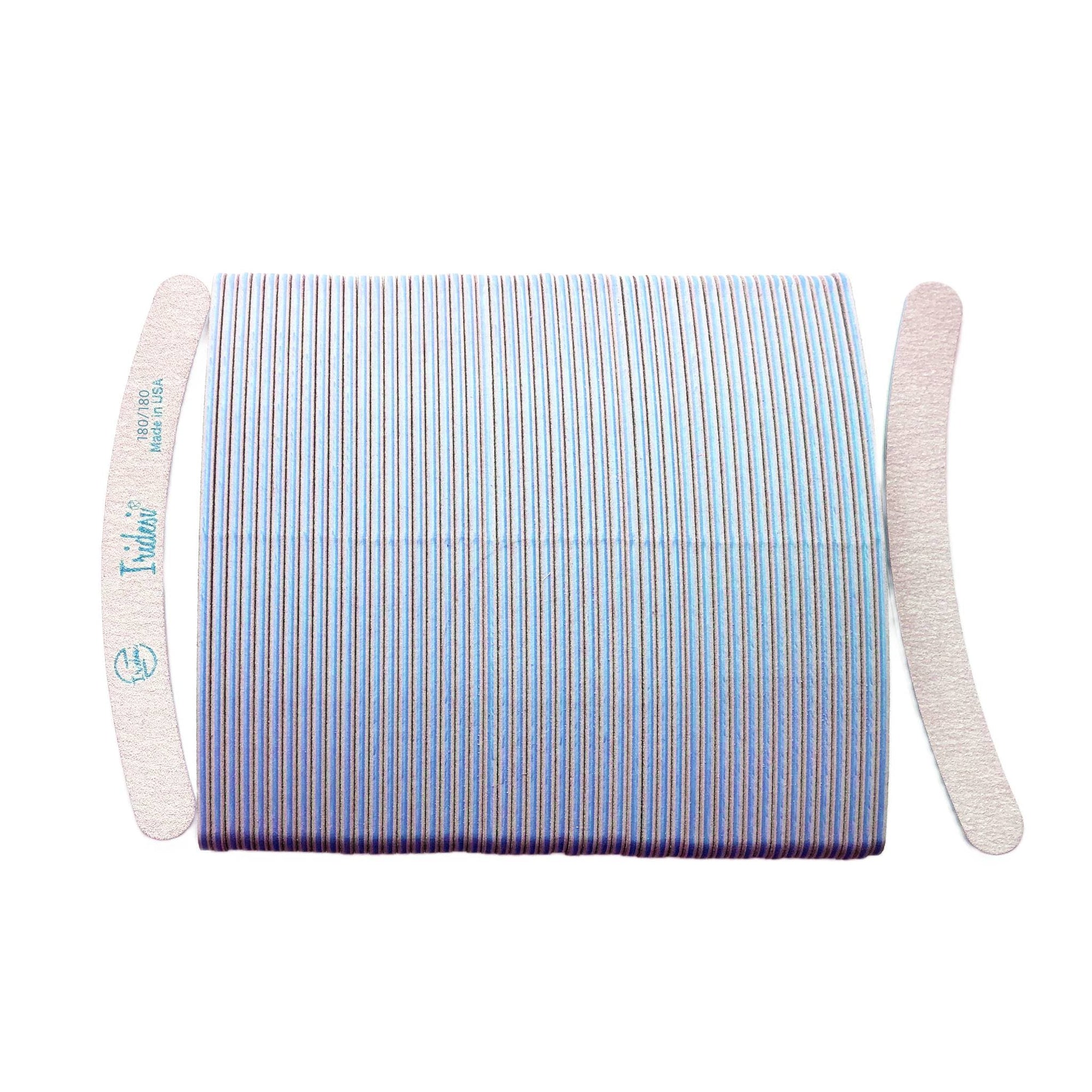 zebra Iridesi nail files, 50 pack, vertical, stacked side by side except first and last. First showing Iridesi brand markings, last back showing no markings. White background, blue center 180/180 grit