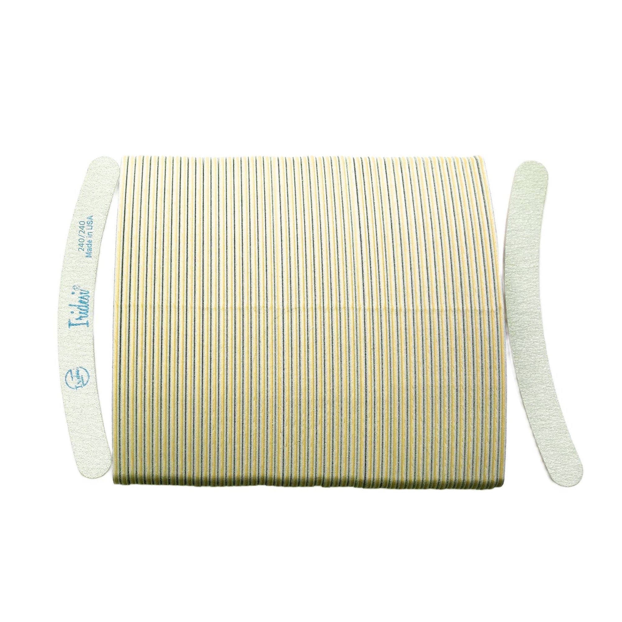 zebra Iridesi nail files, 50 pack, vertical, stacked side by side except first and last. First showing Iridesi brand markings, last back showing no markings. White background, peach center 240/240 grit