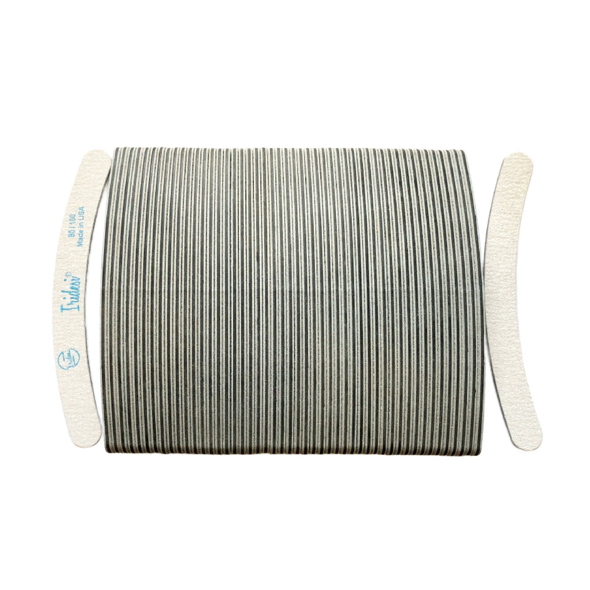 zebra Iridesi nail files, 50 pack, vertical, stacked side by side except first and last. First showing Iridesi brand markings, last back showing no markings. White background, black center 80/100 grit