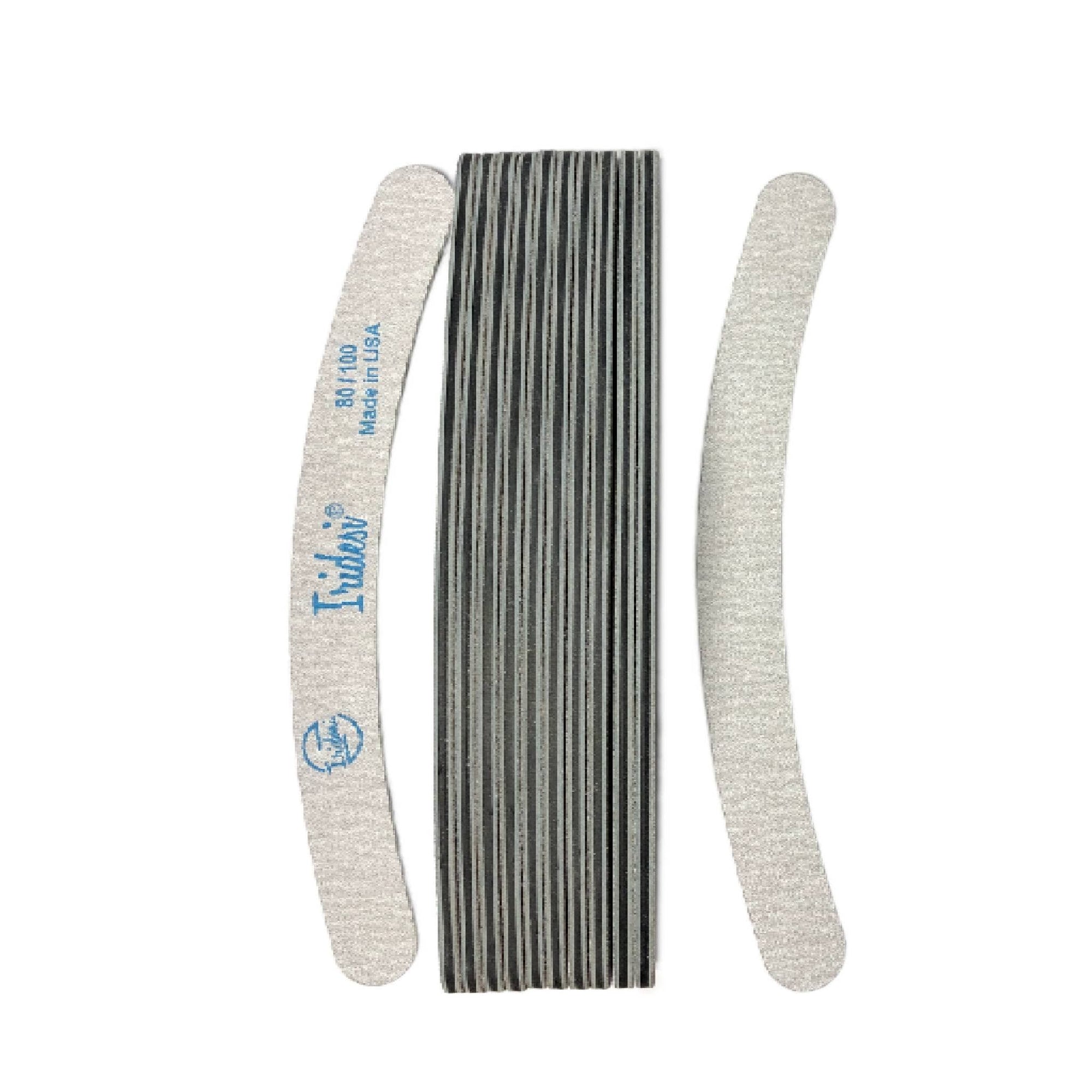 12 pack of grey banana nail files, vertical, front has Iridesi brand markings. black center